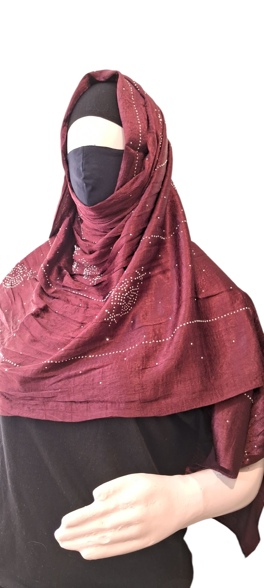 Al Ayza Turkish Luxurious Crinkled Silk Cotton Hijab with Diamond Embellishment – Elegant Modest Wear | Imported from Turkey | Lightweight, Soft & Breathable Scarf | Premium Box Pack (Maroon)