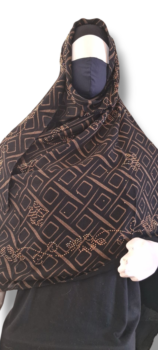 Al Ayza Black Heavy Rayon Hijab – Luxurious Gold Print & Diamond Embellishment | Elegant, Premium Soft Fabric | Premium Box Pack (Black)