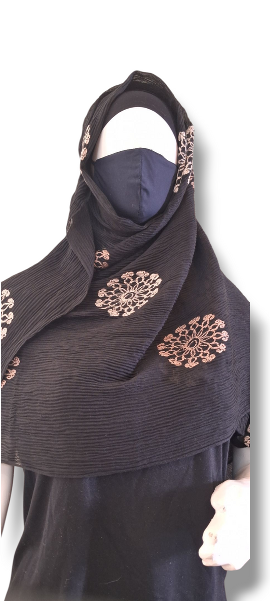 Al Ayza Crinkled Rayon Hijab – Premium Soft Fabric with Elegant Thread Work | Lightweight, Breathable Scarf | Premium Box Pack (Black)