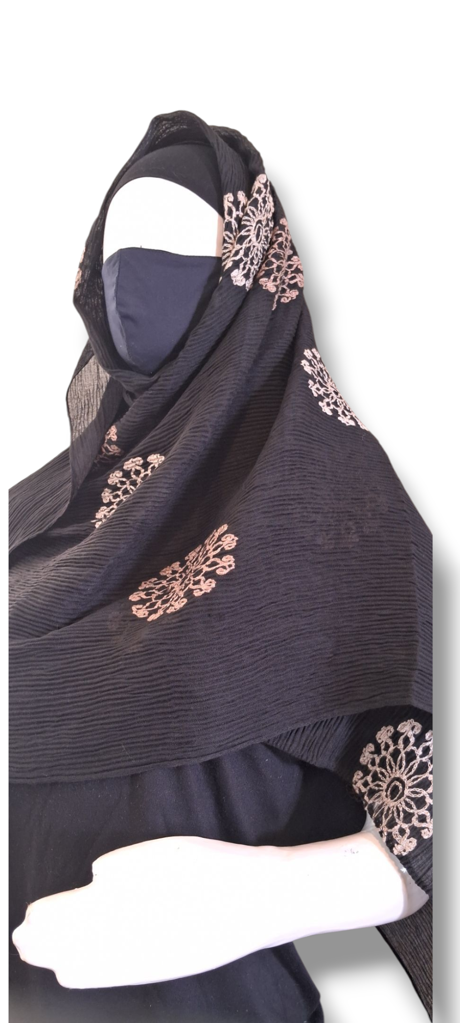 Al Ayza Crinkled Rayon Hijab – Premium Soft Fabric with Elegant Thread Work | Lightweight, Breathable Scarf | Premium Box Pack (Black)