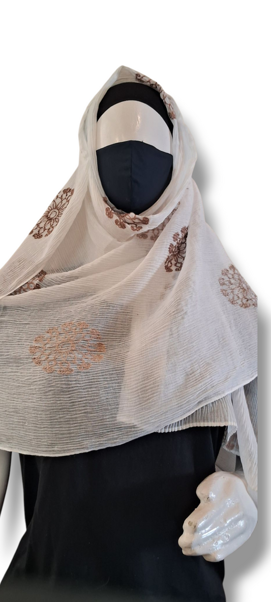 Al Ayza Crinkled Rayon Hijab – Premium Soft Fabric with Elegant Thread Work | Lightweight, Breathable Scarf | Premium Box Pack (White)