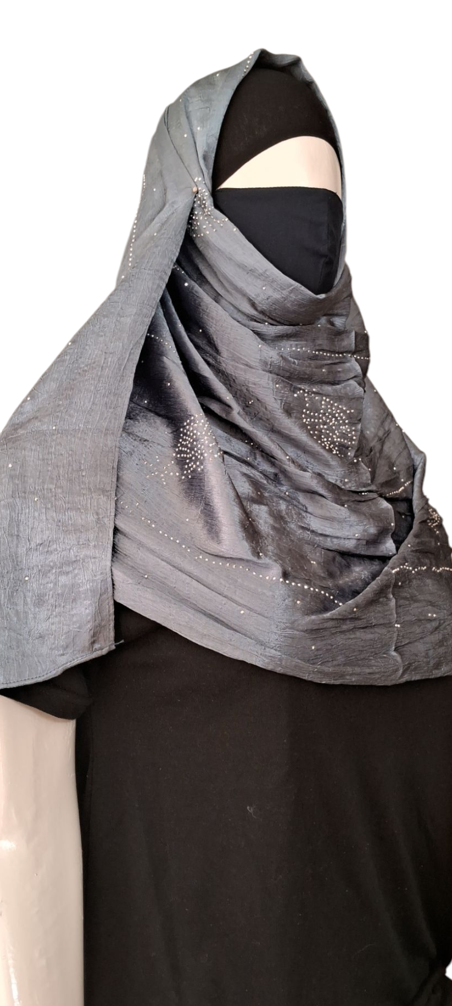 Al Ayza Turkish Luxurious Crinkled Silk Cotton Hijab with Diamond Embellishment – Elegant Modest Wear | Imported from Turkey | Lightweight, Soft & Breathable Scarf | Premium Box Pack (Steel Grey)