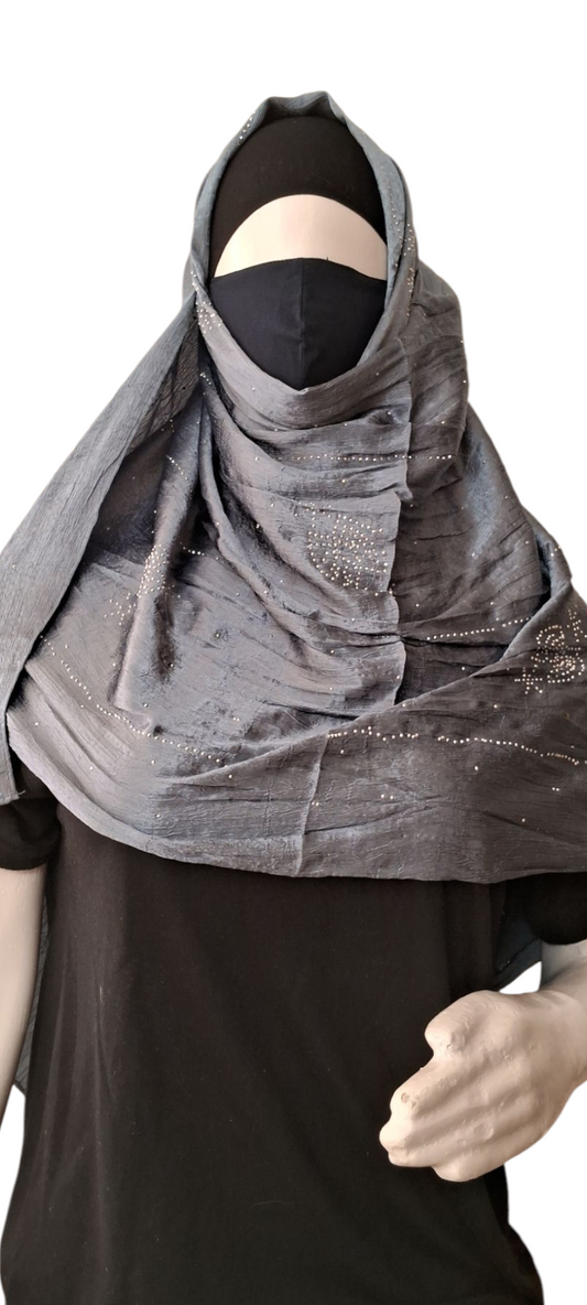 Al Ayza Turkish Luxurious Crinkled Silk Cotton Hijab with Diamond Embellishment – Elegant Modest Wear | Imported from Turkey | Lightweight, Soft & Breathable Scarf | Premium Box Pack (Steel Grey)