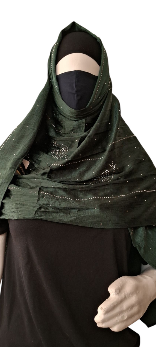Al Ayza Turkish Luxurious Crinkled Silk Cotton Hijab with Diamond Embellishment – Elegant Modest Wear | Imported from Turkey | Lightweight, Soft & Breathable Scarf | Premium Box Pack (Bottle Green)