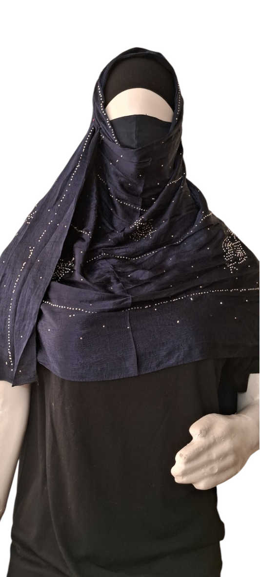 Al Ayza Turkish Luxurious Crinkled Silk Cotton Hijab with Diamond Embellishment – Elegant Modest Wear | Imported from Turkey | Lightweight, Soft & Breathable Scarf | Premium Box Pack (Navy Blue)