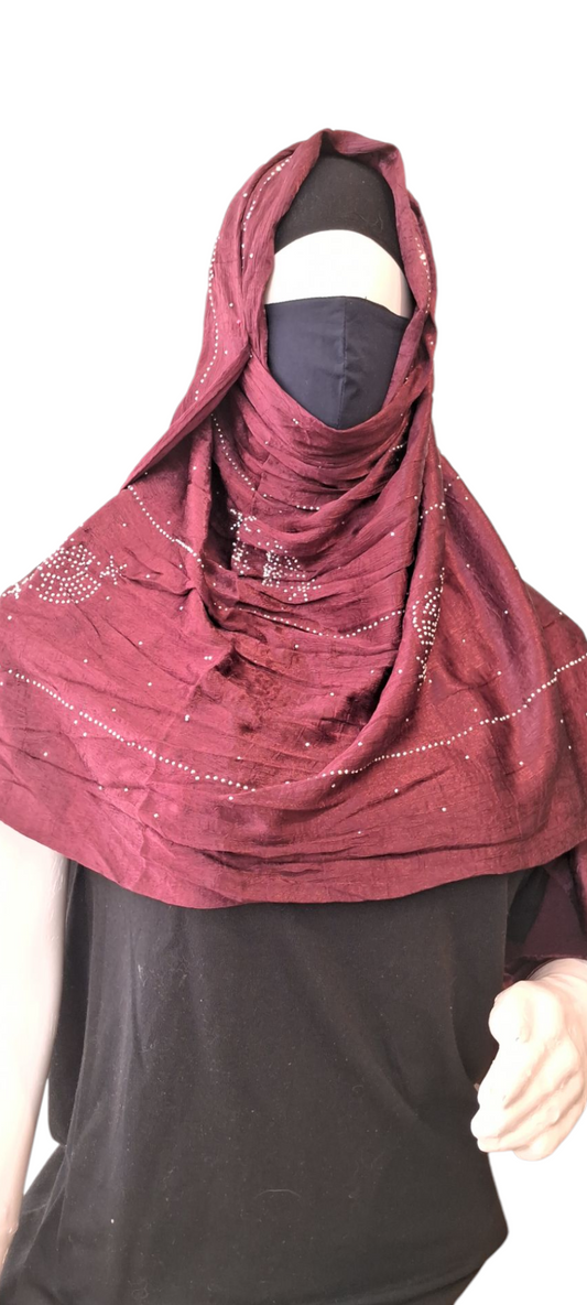 Al Ayza Turkish Luxurious Crinkled Silk Cotton Hijab with Diamond Embellishment – Elegant Modest Wear | Imported from Turkey | Lightweight, Soft & Breathable Scarf | Premium Box Pack (Maroon)